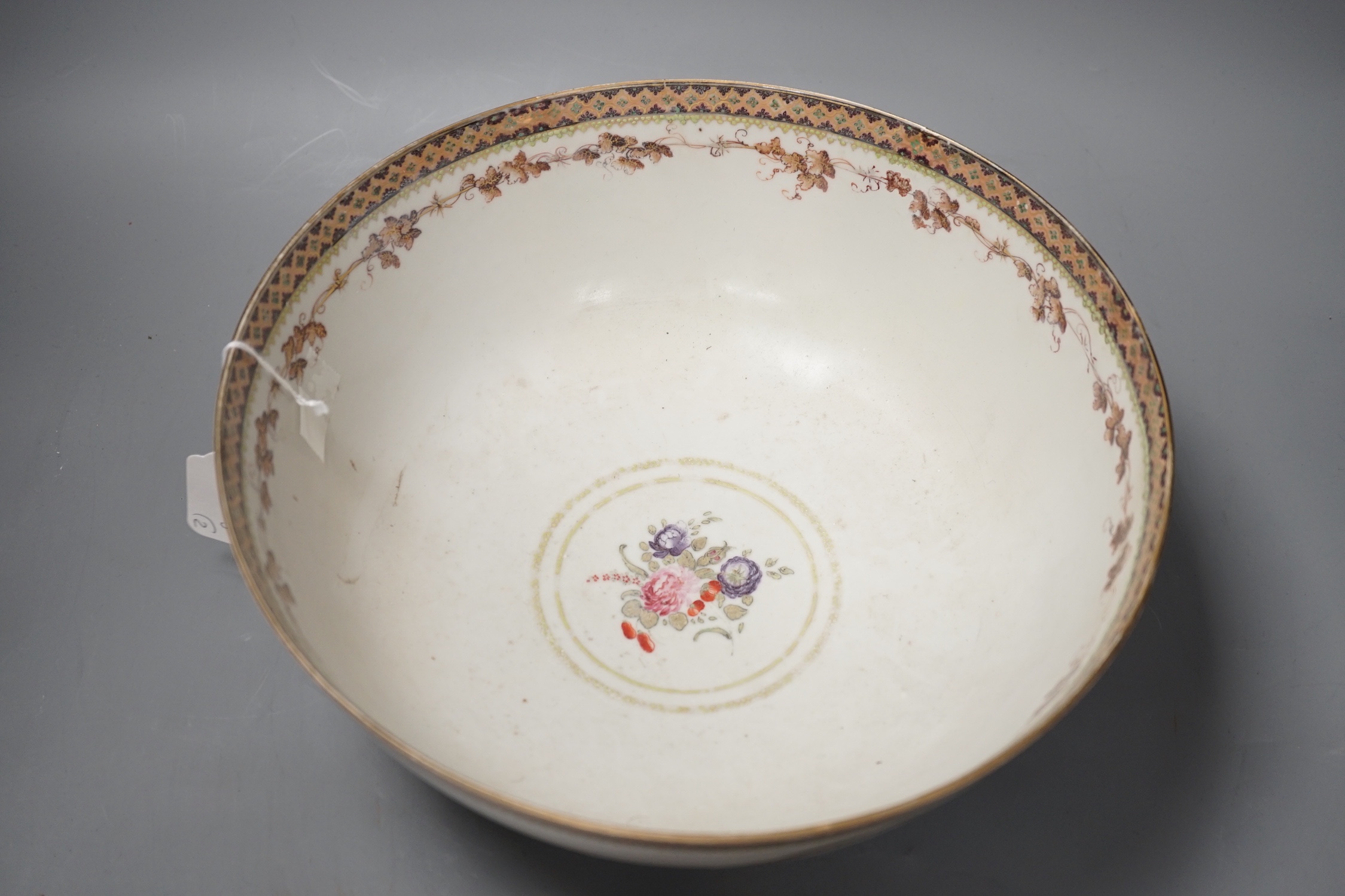 A Jun type dish, 13.5cm and an 18th century Chinese famille rose punch bowl, 29cm